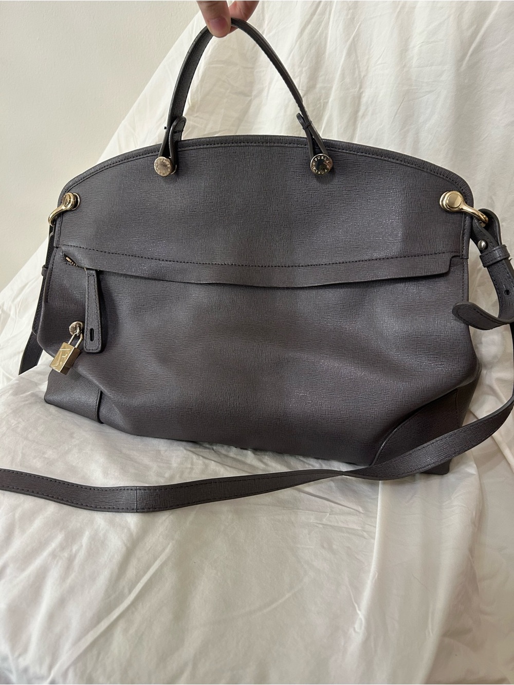 Furla Dark Gray Leather Top-Handle Satchel with Shoulder Strap